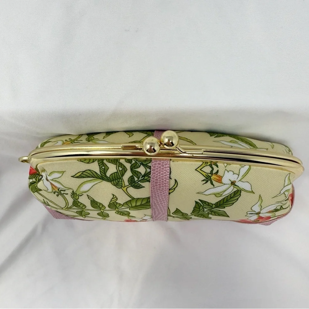Joan Rivers Beauty Floral Kiss Lock Clutch Pink Gold Frame Evening Makeup Bag